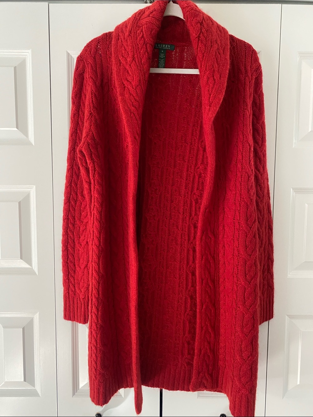 Lauren Ralph Lauren Bright Red Cable-Knit Open Shawl Cardigan